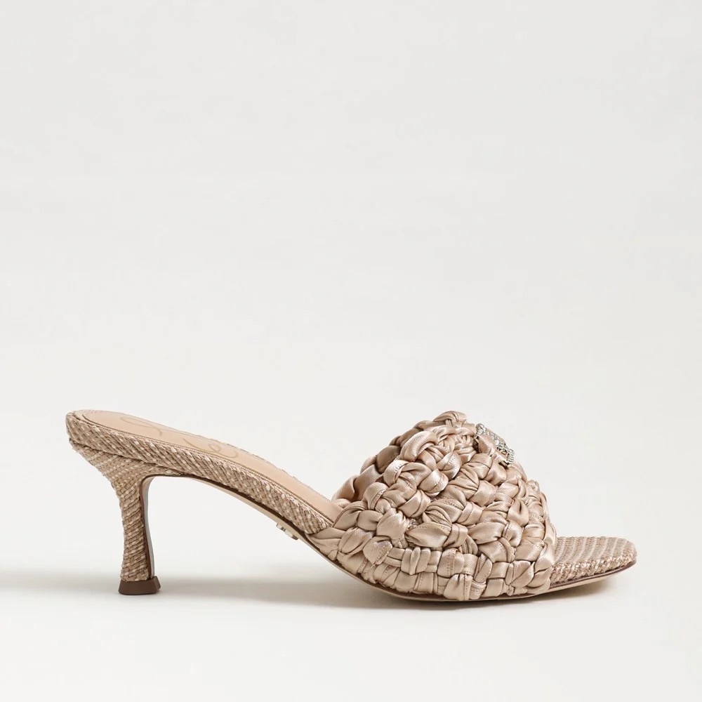 Sam Edelman Paisley Satin Logo Kitten Heel Mule Sandals in Ecru Ribbon Sz 9.5 - Picture 2 of 12